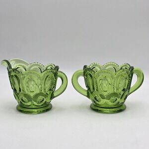 Vintage L.E. Smith Glass Moon and Stars Green Cream and Sugar Set Coffee Bar MCM